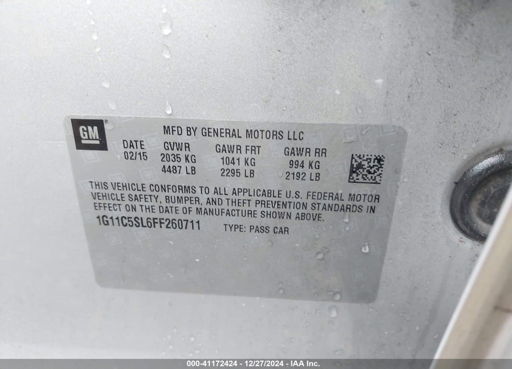 2015 CHEVROLET MALIBU 1LT VIN: 1G11C5SL6FF260711