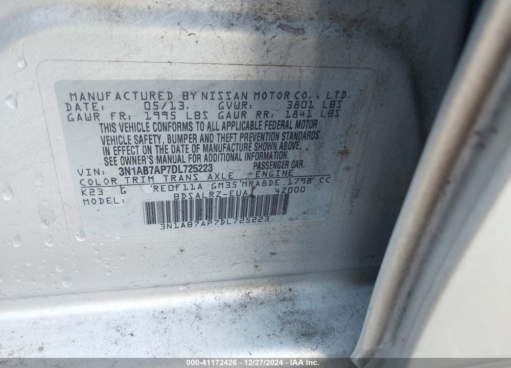 2013 NISSAN SENTRA SR VIN: 3N1AB7AP7DL725223