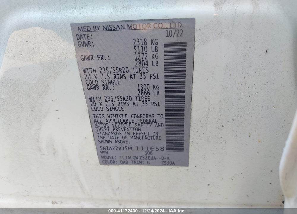 2023 NISSAN MURANO SV FWD VIN: 5N1AZ2BJ5PC111658