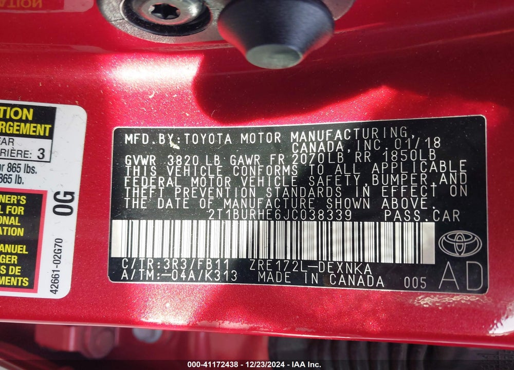 2018 TOYOTA COROLLA LE VIN: 2T1BURHE6JC038339
