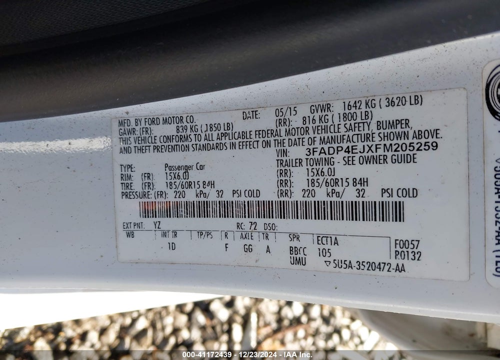 2015 FORD FIESTA SE VIN: 3FADP4EJXFM205259