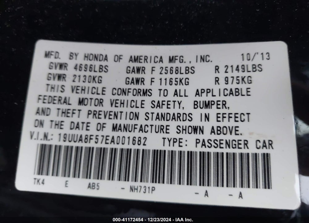 2014 ACURA TL VIN: 19UUA8F57EA001682