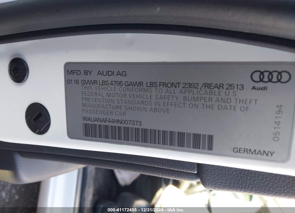 2017 AUDI A4 2.0T PREMIUM VIN: WAUANAF44HN007373