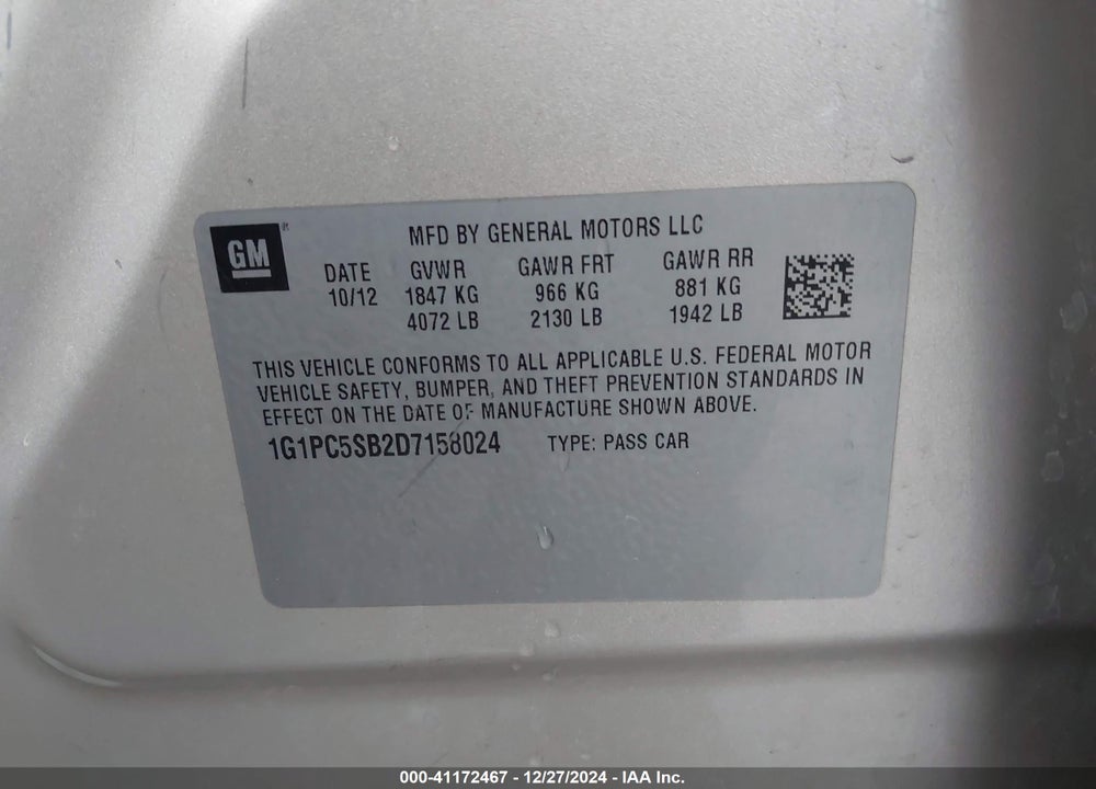 2013 CHEVROLET CRUZE 1LT AUTO VIN: 1G1PC5SB2D7158024