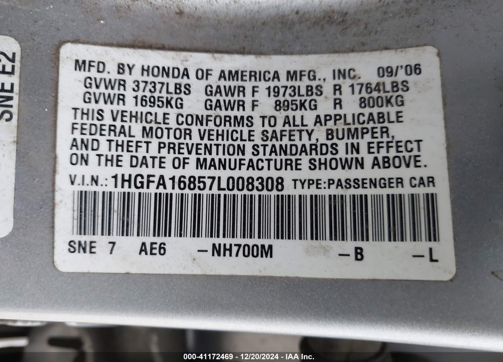 2007 HONDA CIVIC EX VIN: 1HGFA16857L008308