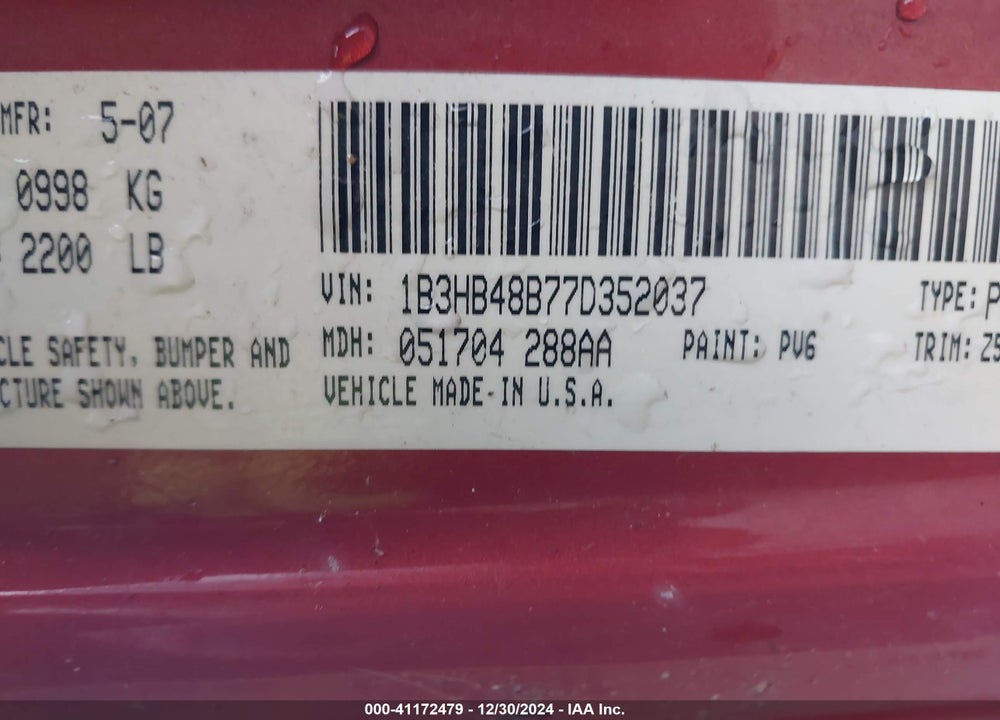 2007 DODGE CALIBER SXT VIN: 1B3HB48B77D352037