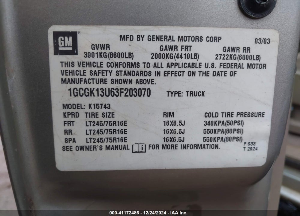 2003 CHEVROLET SILVERADO 1500HD LS VIN: 1GCGK13U63F203070