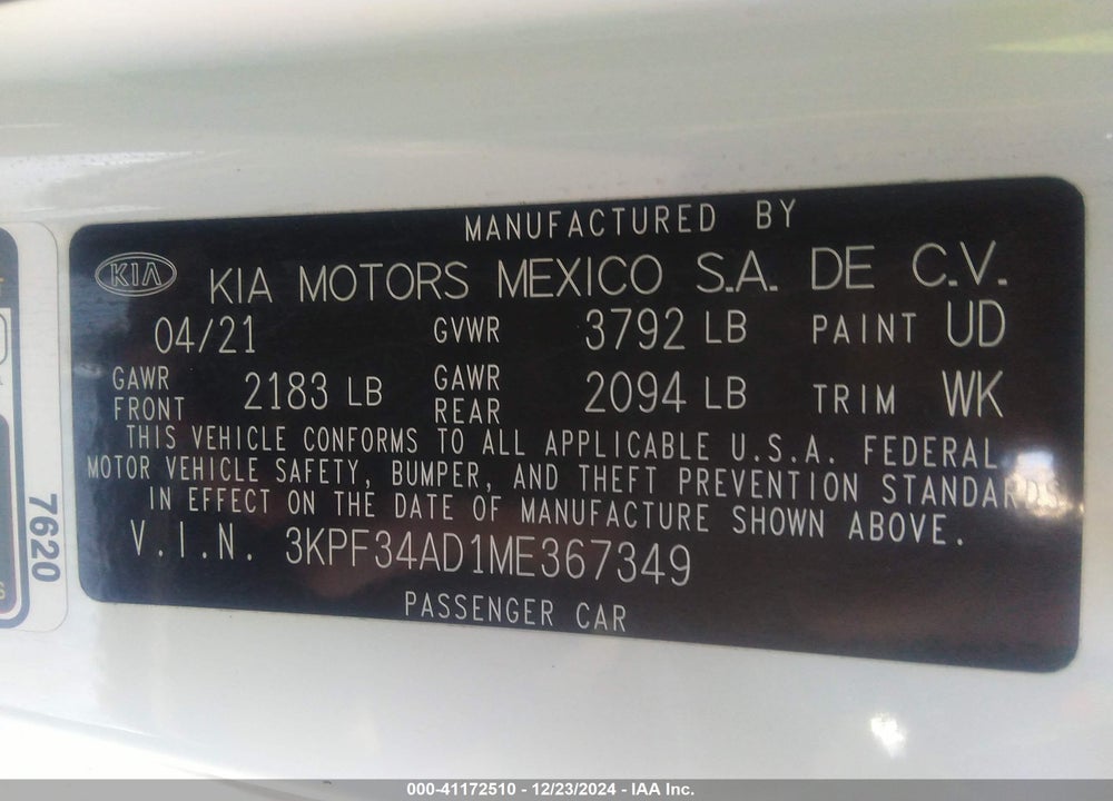 2021 KIA FORTE GT LINE VIN: 3KPF34AD1ME367349