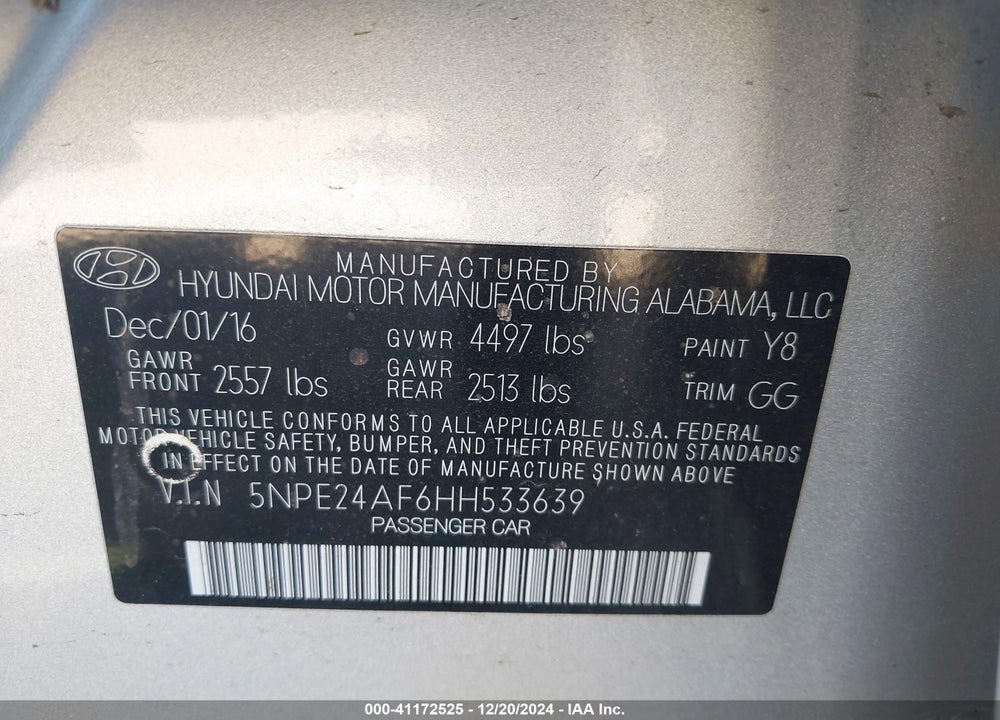 2017 HYUNDAI SONATA VIN: 5NPE24AF6HH533639