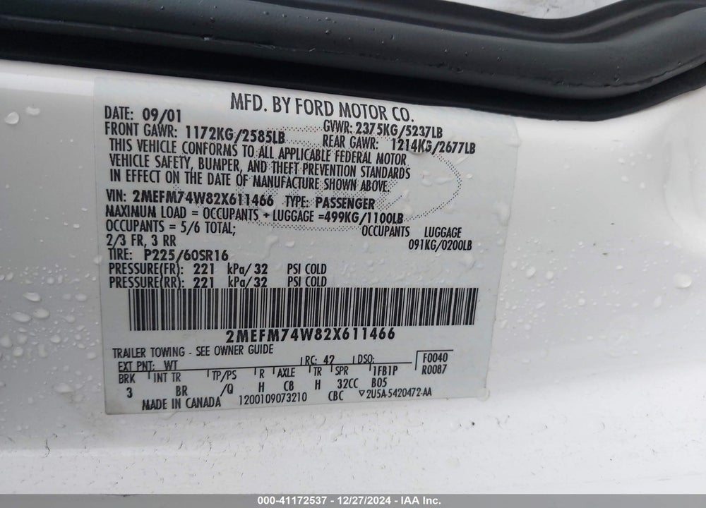 2002 MERCURY GRAND MARQUIS GS VIN: 2MEFM74W82X611466