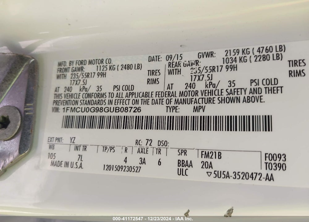 2016 FORD ESCAPE SE VIN: 1FMCU0G98GUB08726
