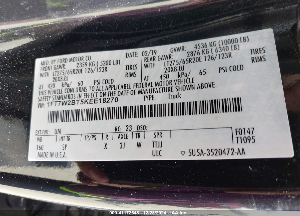 2019 FORD F-250 VIN: 1FT7W2BT5KEE18270