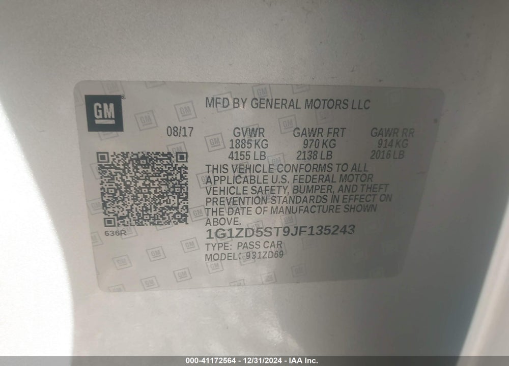 2018 CHEVROLET MALIBU VIN: 1G1ZD5ST9JF135243
