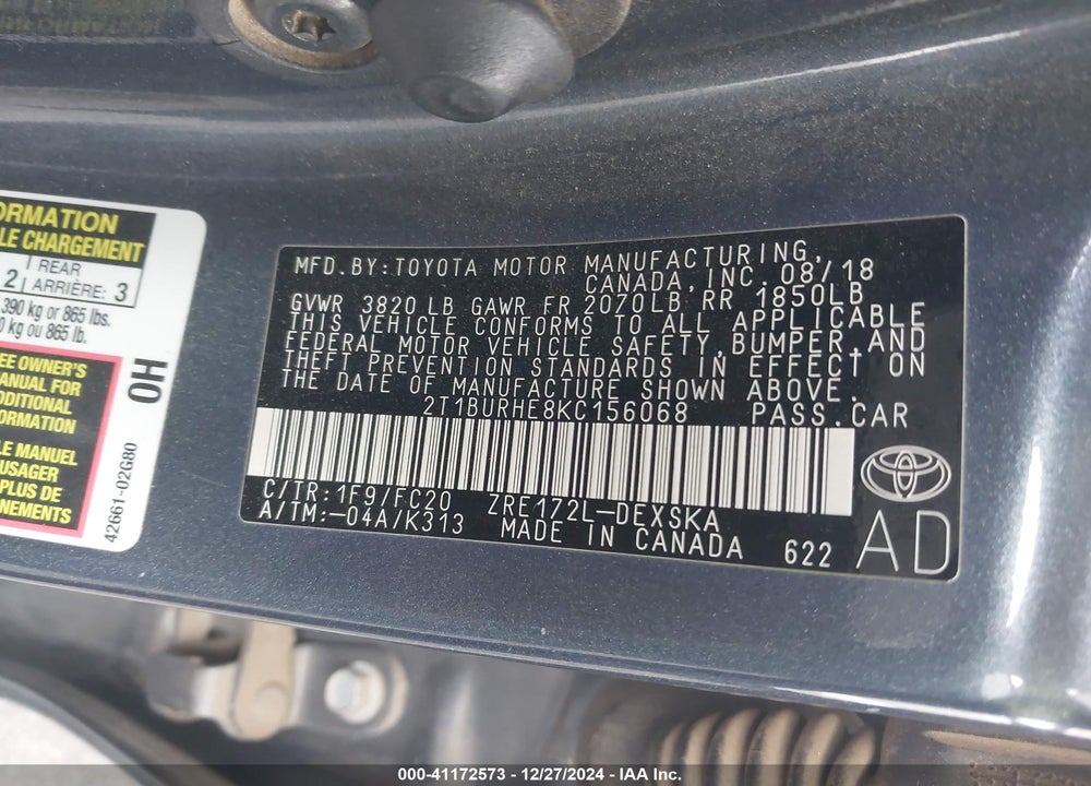 2019 TOYOTA COROLLA SE VIN: 2T1BURHE8KC156068