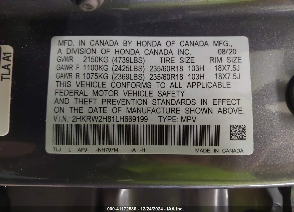 2020 HONDA CR-V AWD EX-L VIN: 2HKRW2H81LH669199