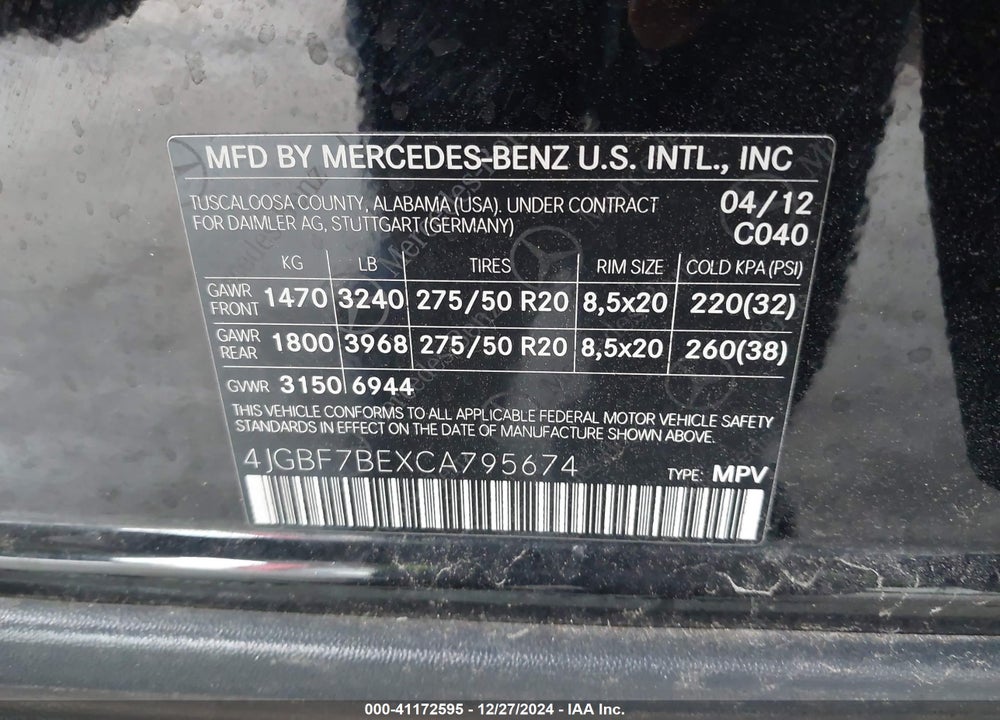 2012 MERCEDES-BENZ GL 450 4MATIC VIN: 4JGBF7BEXCA795674