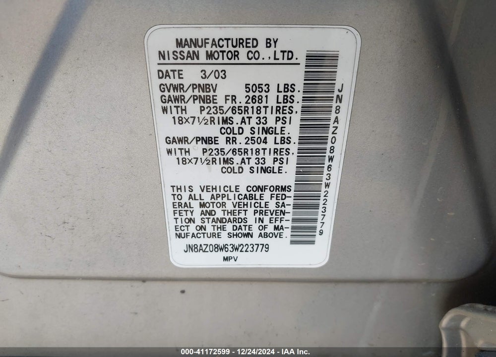 2003 NISSAN MURANO SL VIN: JN8AZ08W63W223779