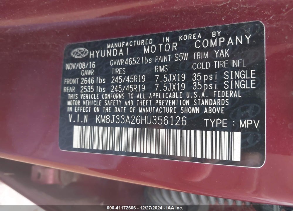 2017 HYUNDAI TUCSON SPORT VIN: KM8J33A26HU356126