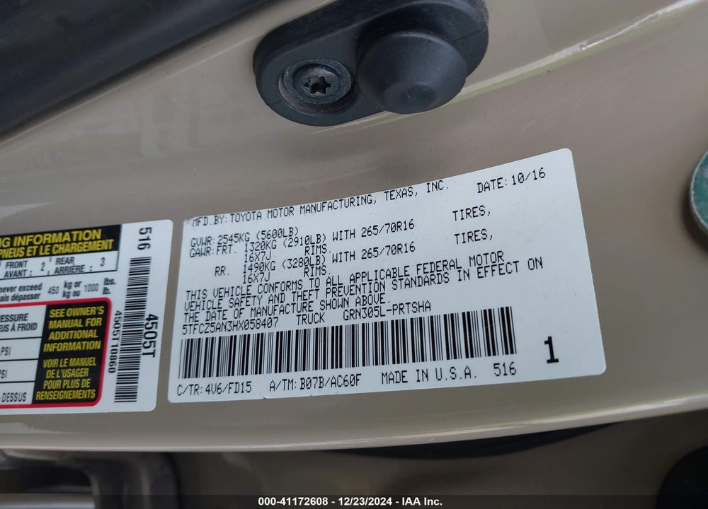 2017 TOYOTA TACOMA VIN: 5TFCZ5AN3HX058407