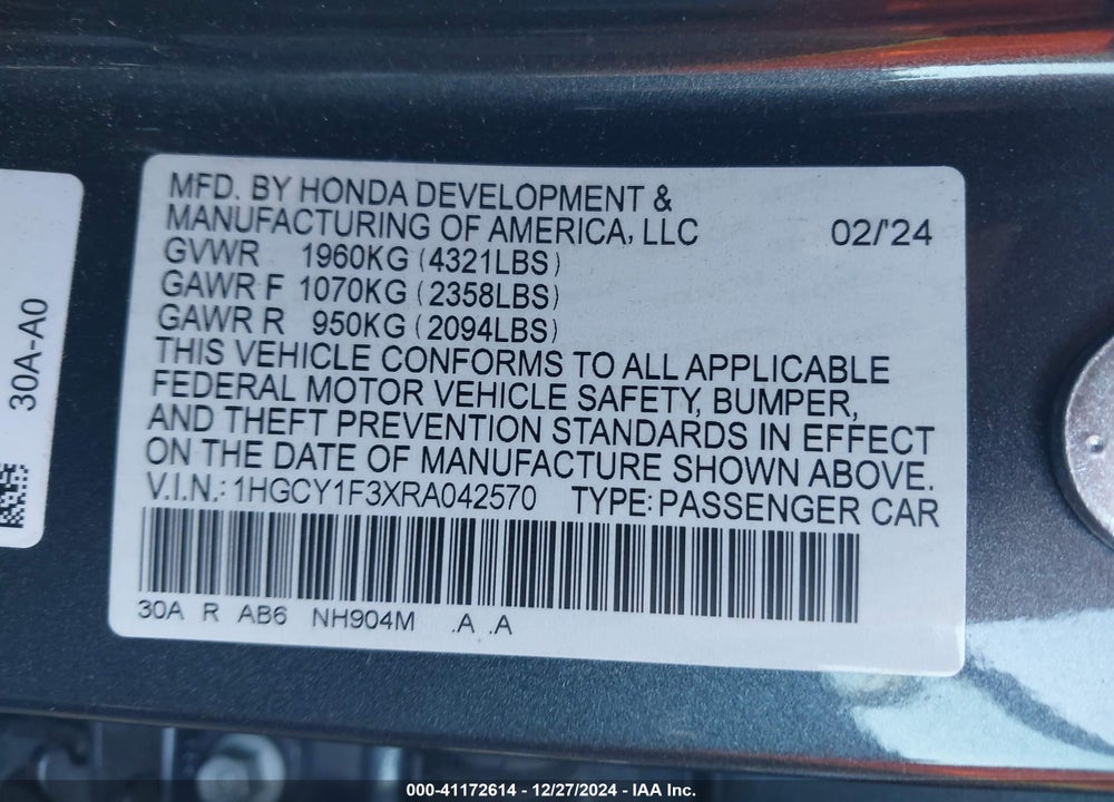 2024 HONDA ACCORD EX VIN: 1HGCY1F3XRA042570