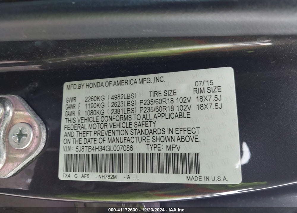 2016 ACURA RDX VIN: 5J8TB4H34GL007086