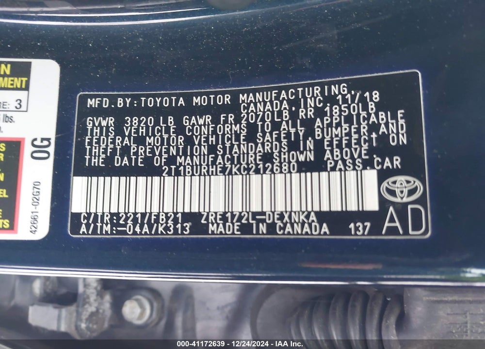 2019 TOYOTA COROLLA LE VIN: 2T1BURHE7KC212680