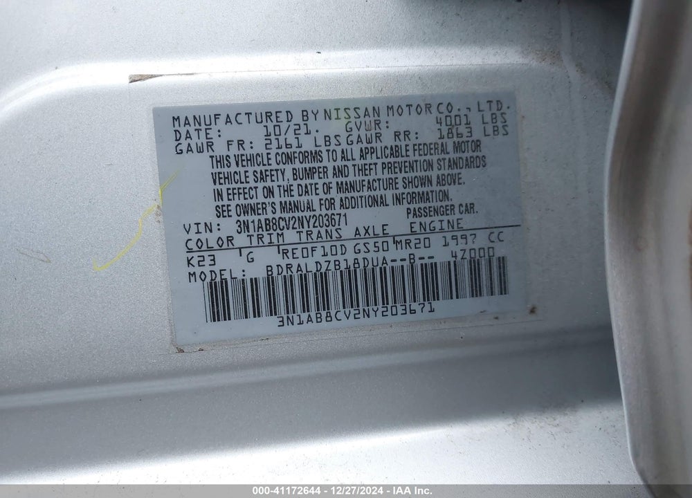 2022 NISSAN SENTRA VIN: 3N1AB8CV2NY203671