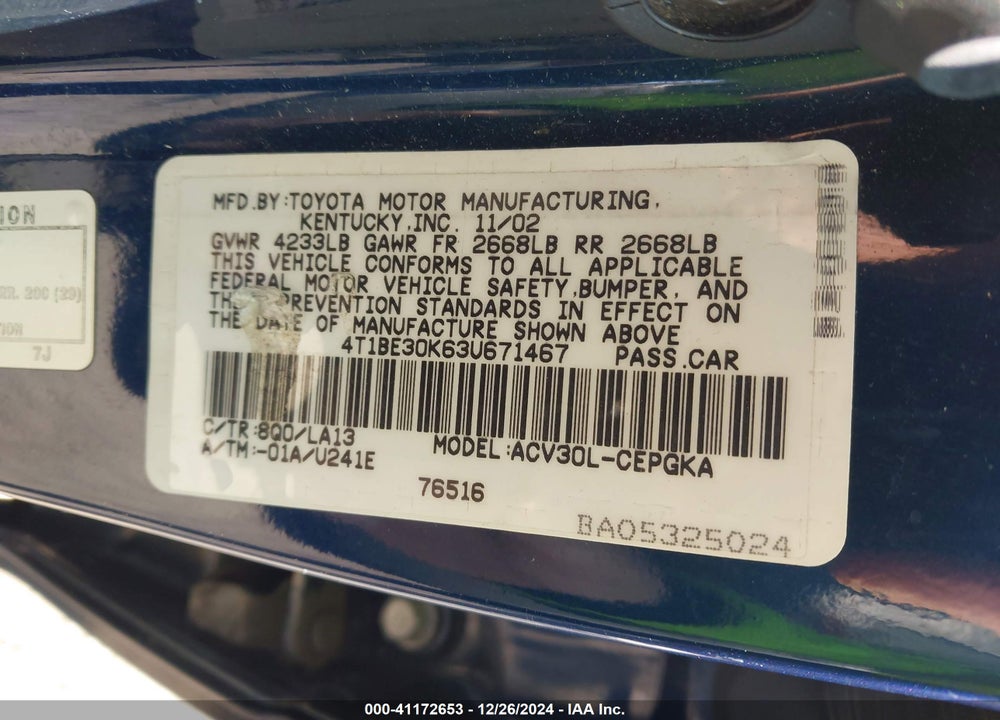 2003 TOYOTA CAMRY XLE VIN: 4T1BE30K63U671467