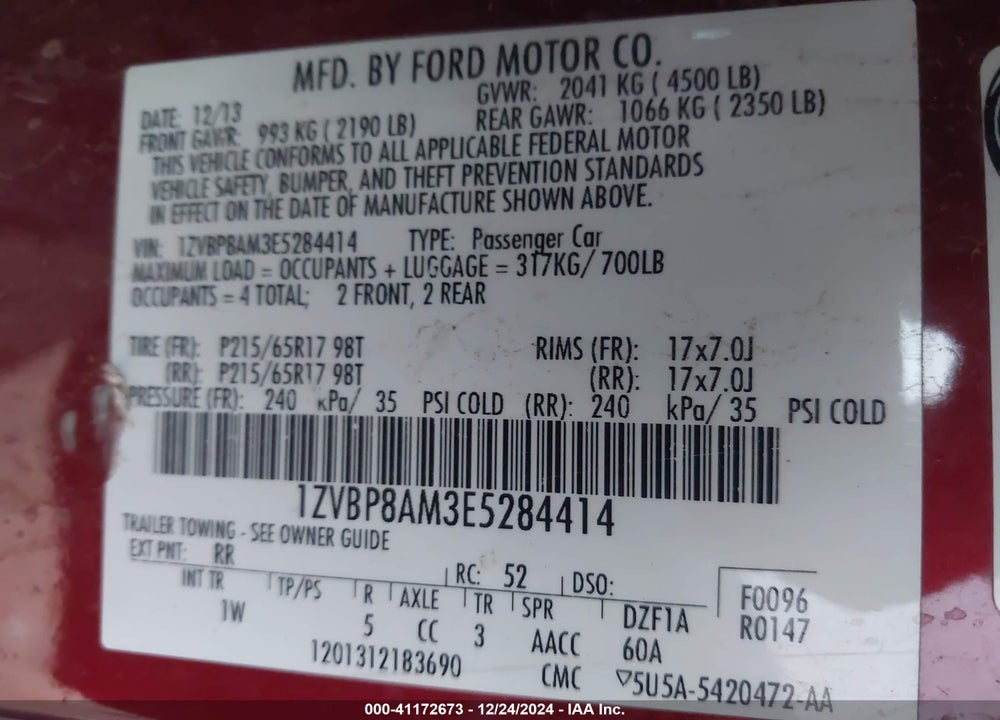 2014 FORD MUSTANG V6 VIN: 1ZVBP8AM3E5284414