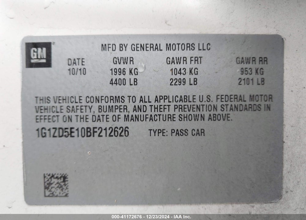 2011 CHEVROLET MALIBU VIN: 1G1ZD5E10BF212626