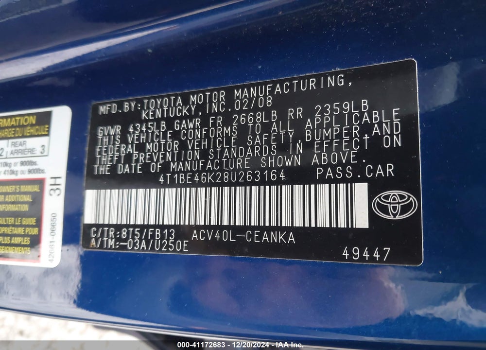 2008 TOYOTA CAMRY VIN: 4T1BE46K28U263164