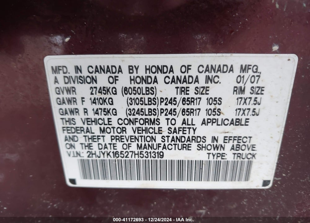2007 HONDA RIDGELINE VIN: 2HJYK16527H531319