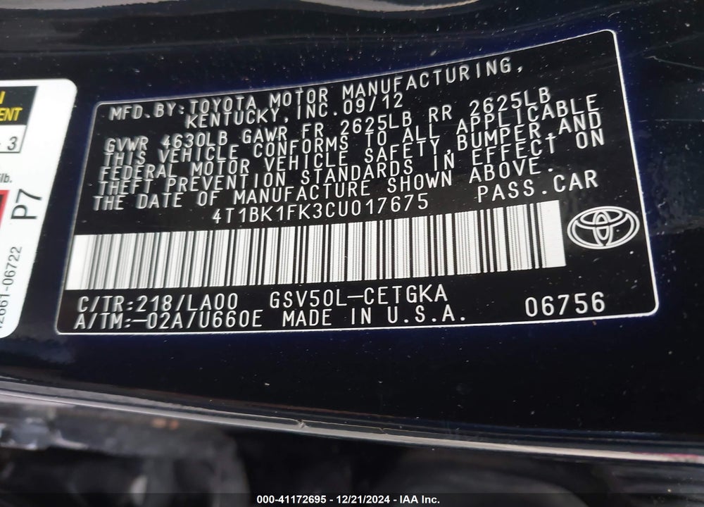 2012 TOYOTA CAMRY XLE V6 VIN: 4T1BK1FK3CU017675