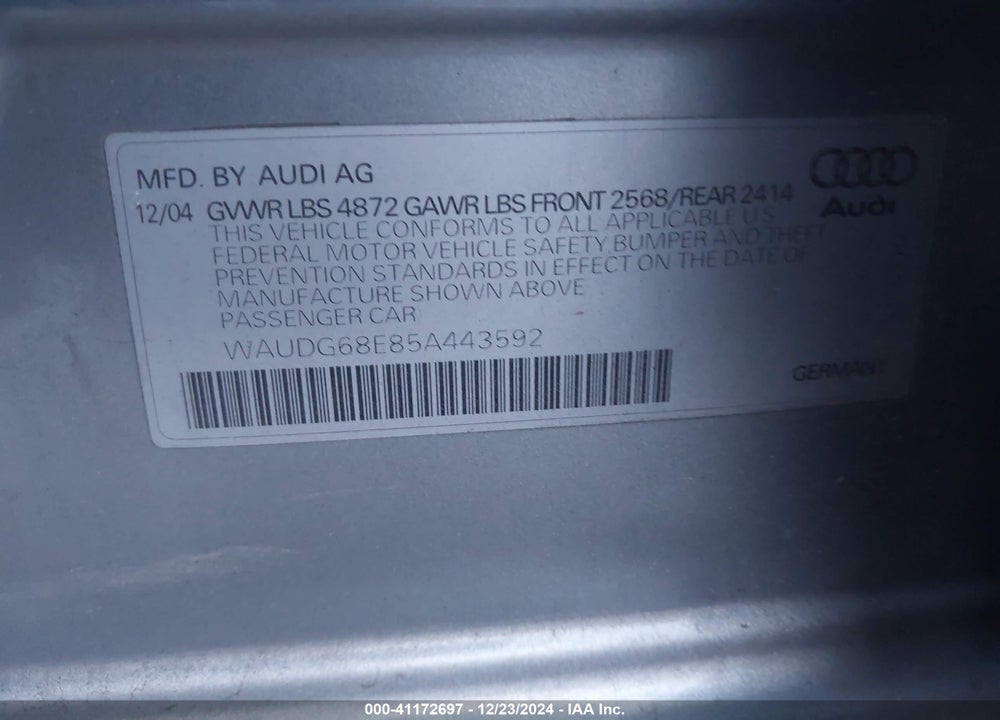 2005 AUDI A4 3.2 VIN: WAUDG68E85A443592
