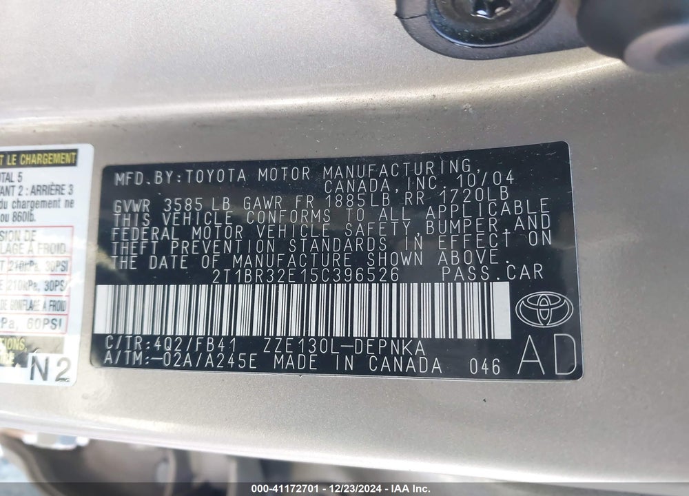 2005 TOYOTA COROLLA LE VIN: 2T1BR32E15C396526