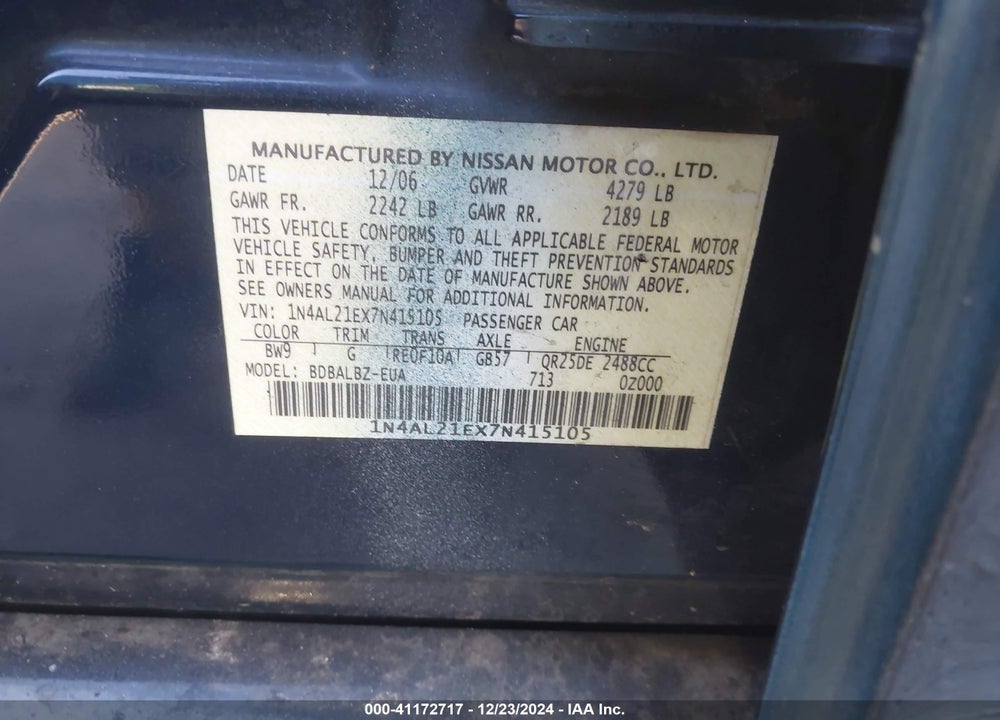 2007 NISSAN ALTIMA VIN: 1N4AL21EX7N415105