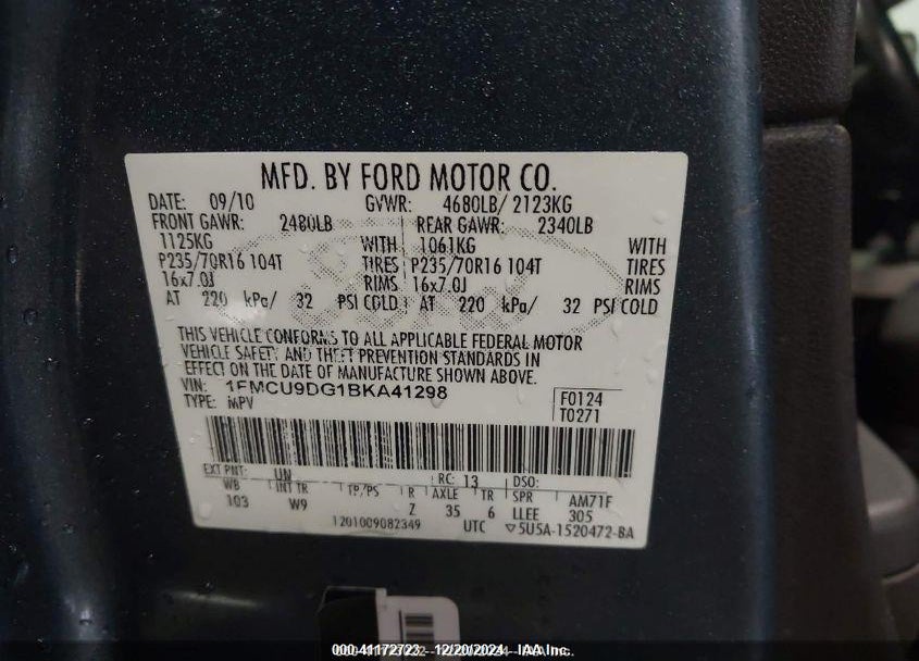 2011 FORD ESCAPE XLT VIN: 1FMCU9DG1BKA41298