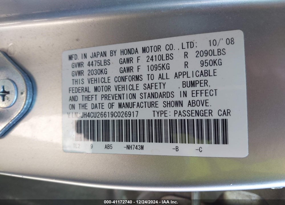 2009 ACURA TSX VIN: JH4CU26619C026917