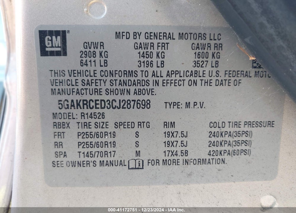 2012 BUICK ENCLAVE LEATHER VIN: 5GAKRCED3CJ287698