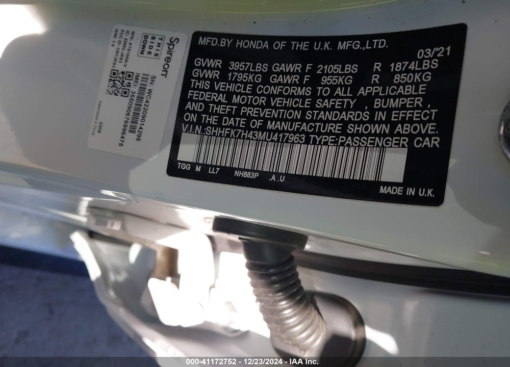 2021 HONDA CIVIC VIN: SHHFK7H43MU417963