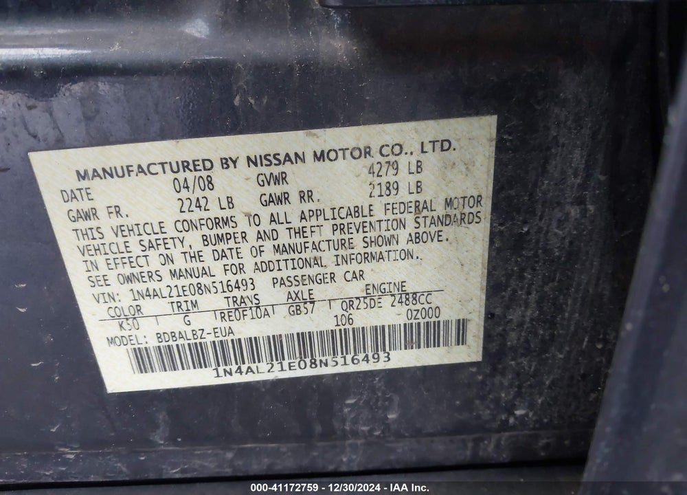 2008 NISSAN ALTIMA VIN: 1N4AL21E08N516493