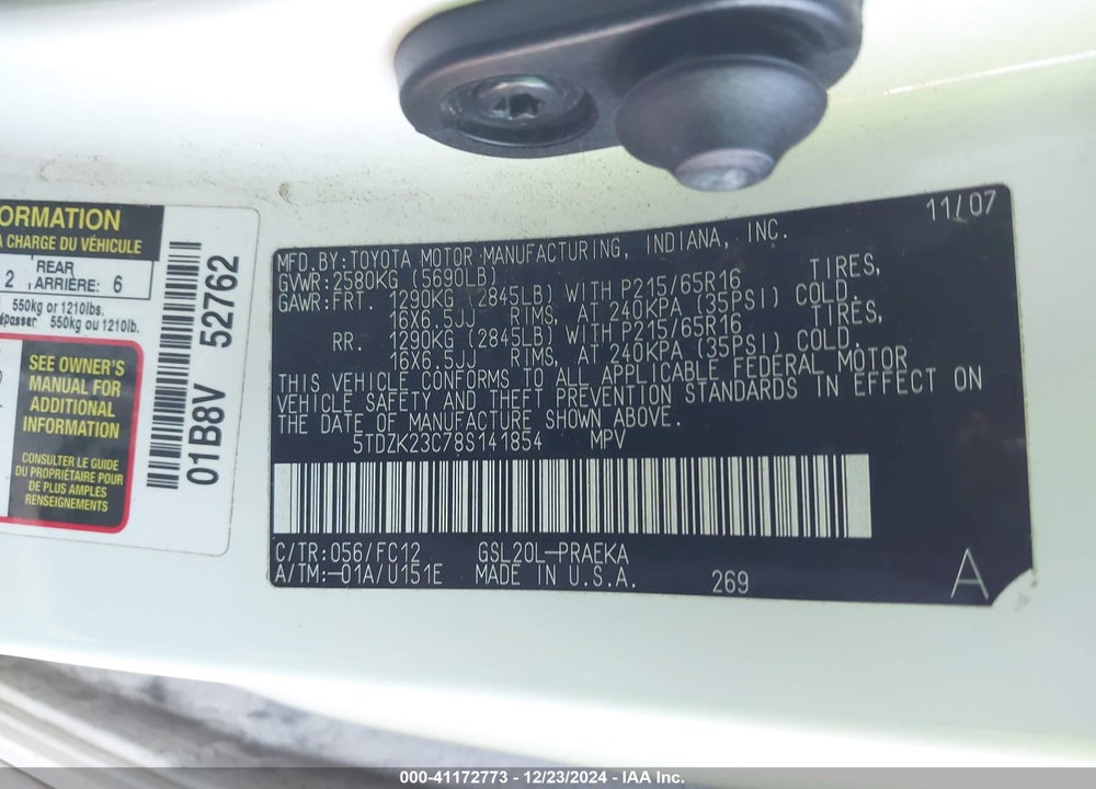 2008 TOYOTA SIENNA LE VIN: 5TDZK23C78S141854