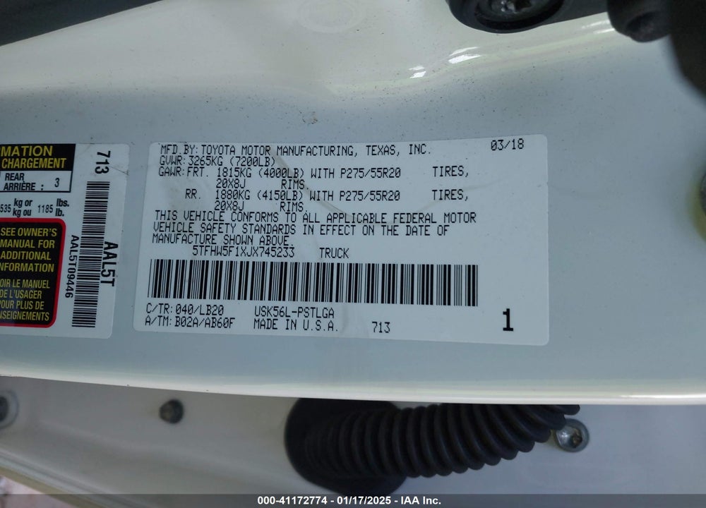 2018 TOYOTA TUNDRA VIN: 5TFHW5F1XJX745233