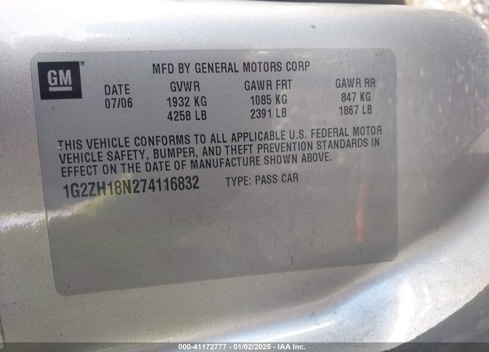 2007 PONTIAC G6 GT VIN: 1G2ZH18N274116832