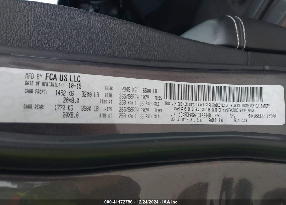 2015 DODGE DURANGO SXT VIN: 1C4RDHAG4FC176448