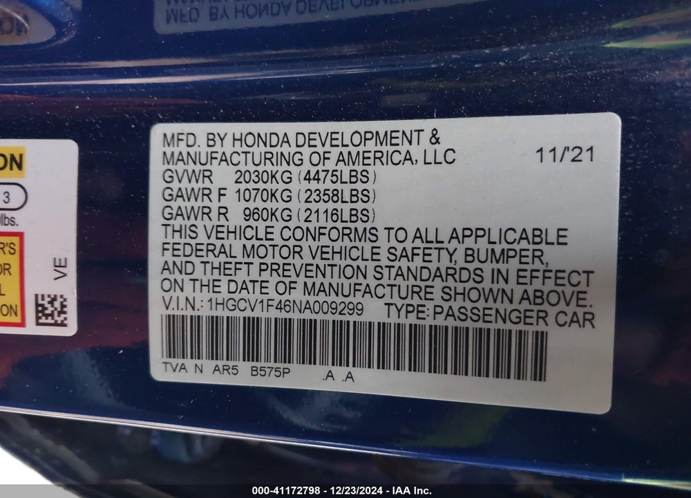 2022 HONDA ACCORD SPORT SPECIAL EDITION VIN: 1HGCV1F46NA009299
