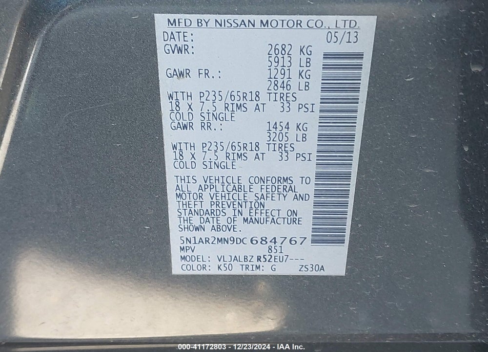 2013 NISSAN PATHFINDER S VIN: 5N1AR2MN9DC684767
