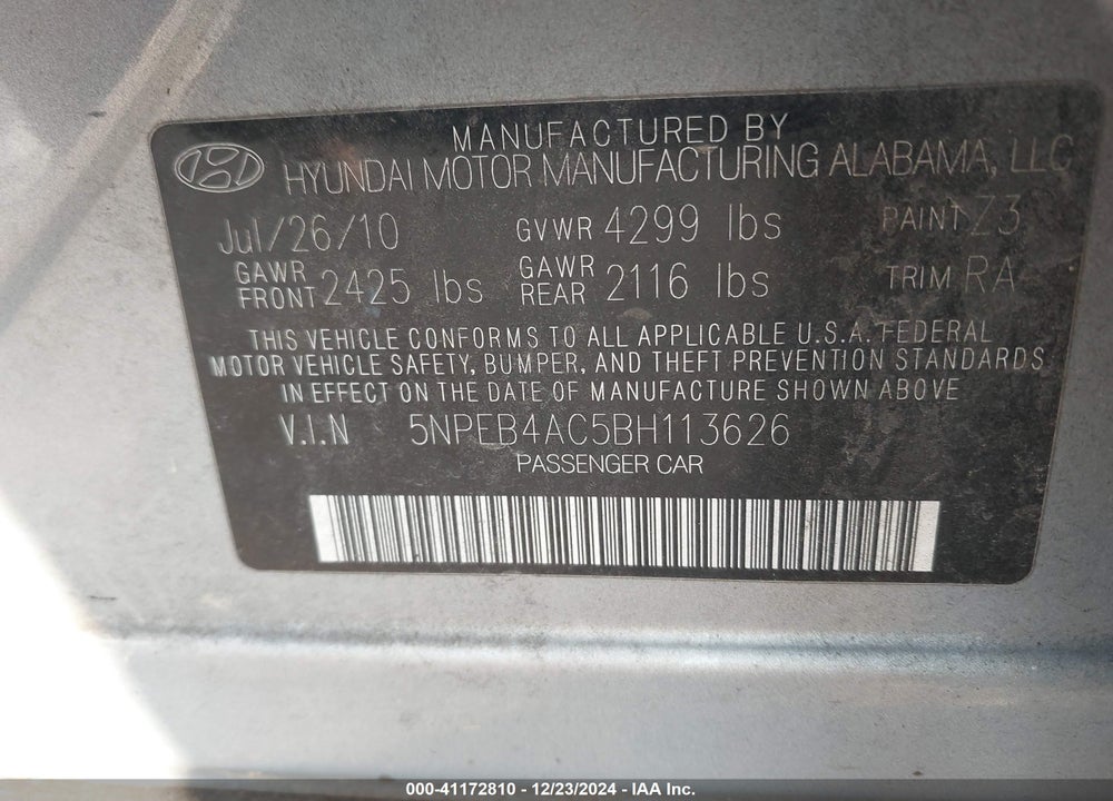 2011 HYUNDAI SONATA GLS VIN: 5NPEB4AC5BH113626