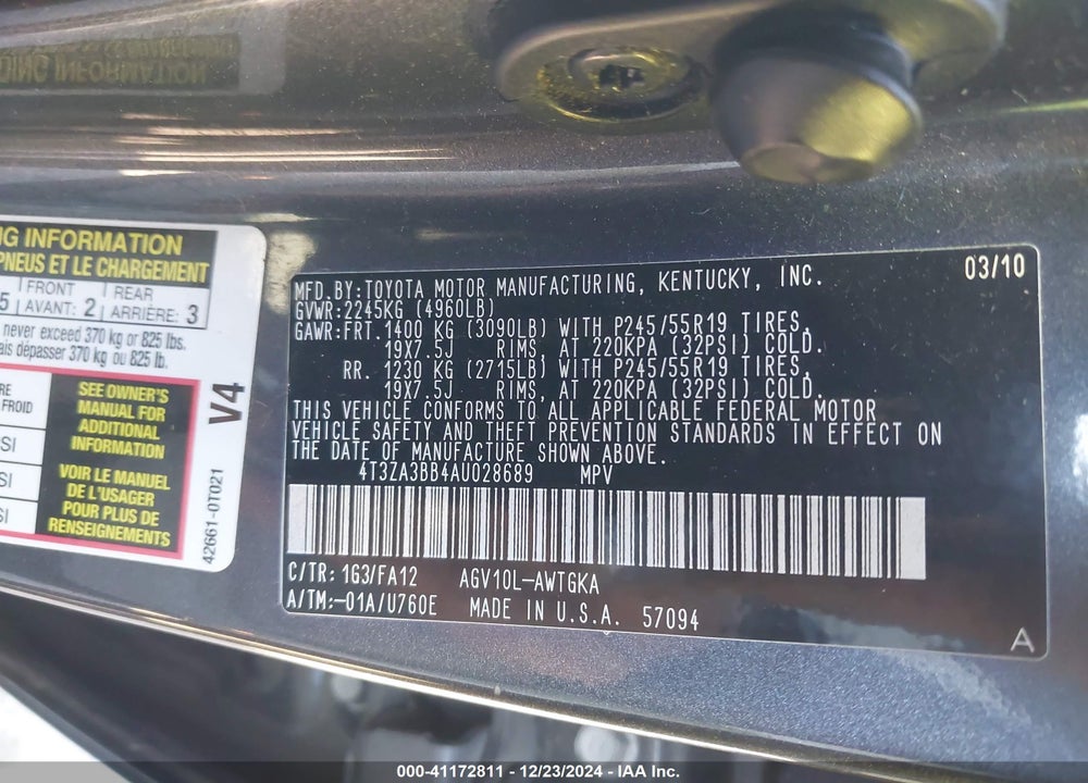 2010 TOYOTA VENZA VIN: 4T3ZA3BB4AU028689