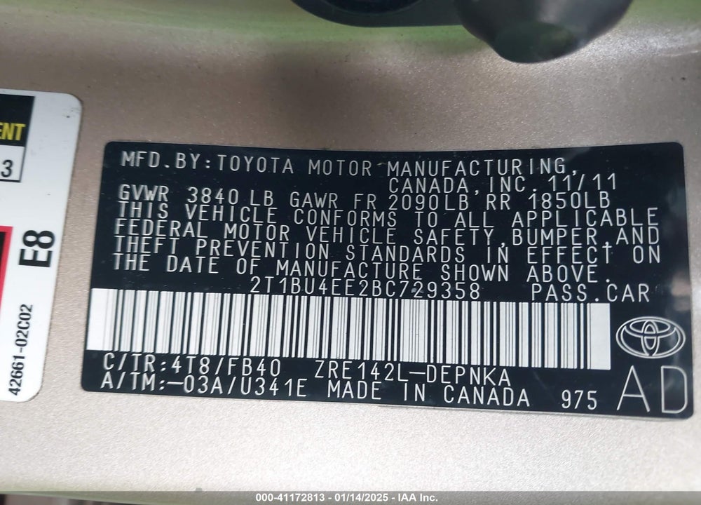 2011 TOYOTA COROLLA VIN: 2T1BU4EE2BC729358